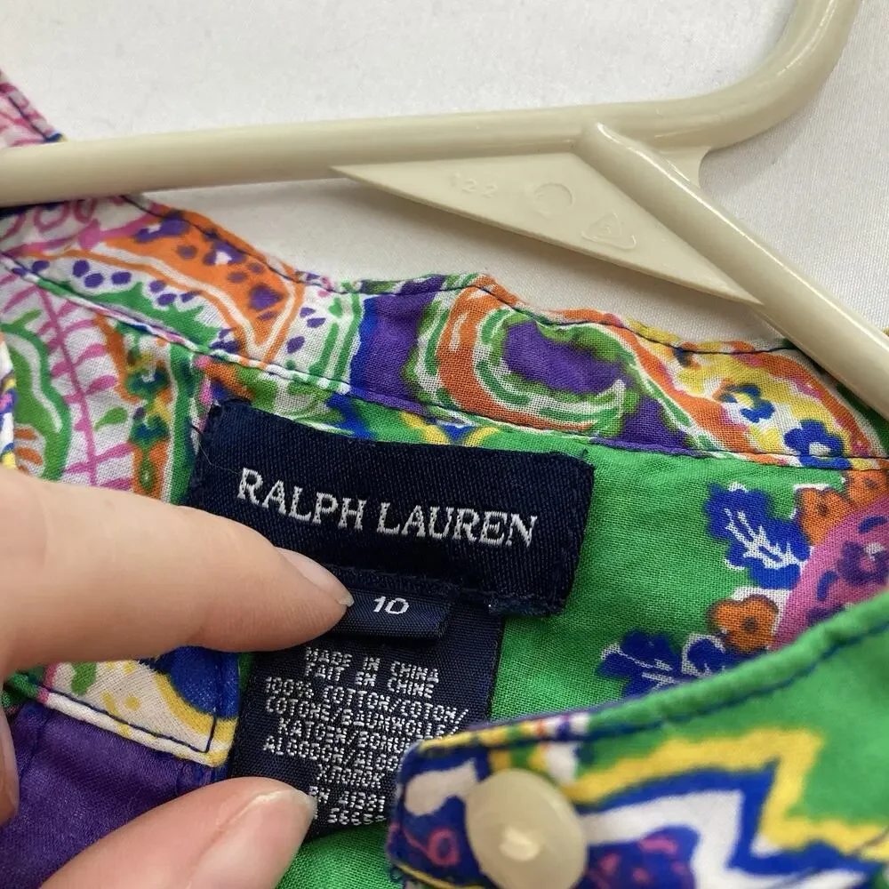 Ralph Lauren Girls‎ Green Purple Paisley Popover Shirt Size 10 Preppy Old Money